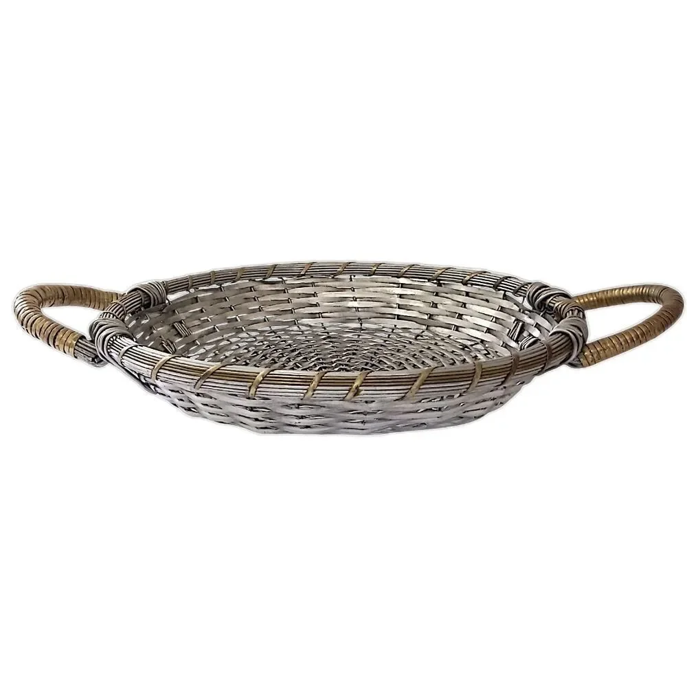 Vintage Woven Metal Wire Basket Tray Handles Silver Tone Rustic Farmhouse Tuscan
